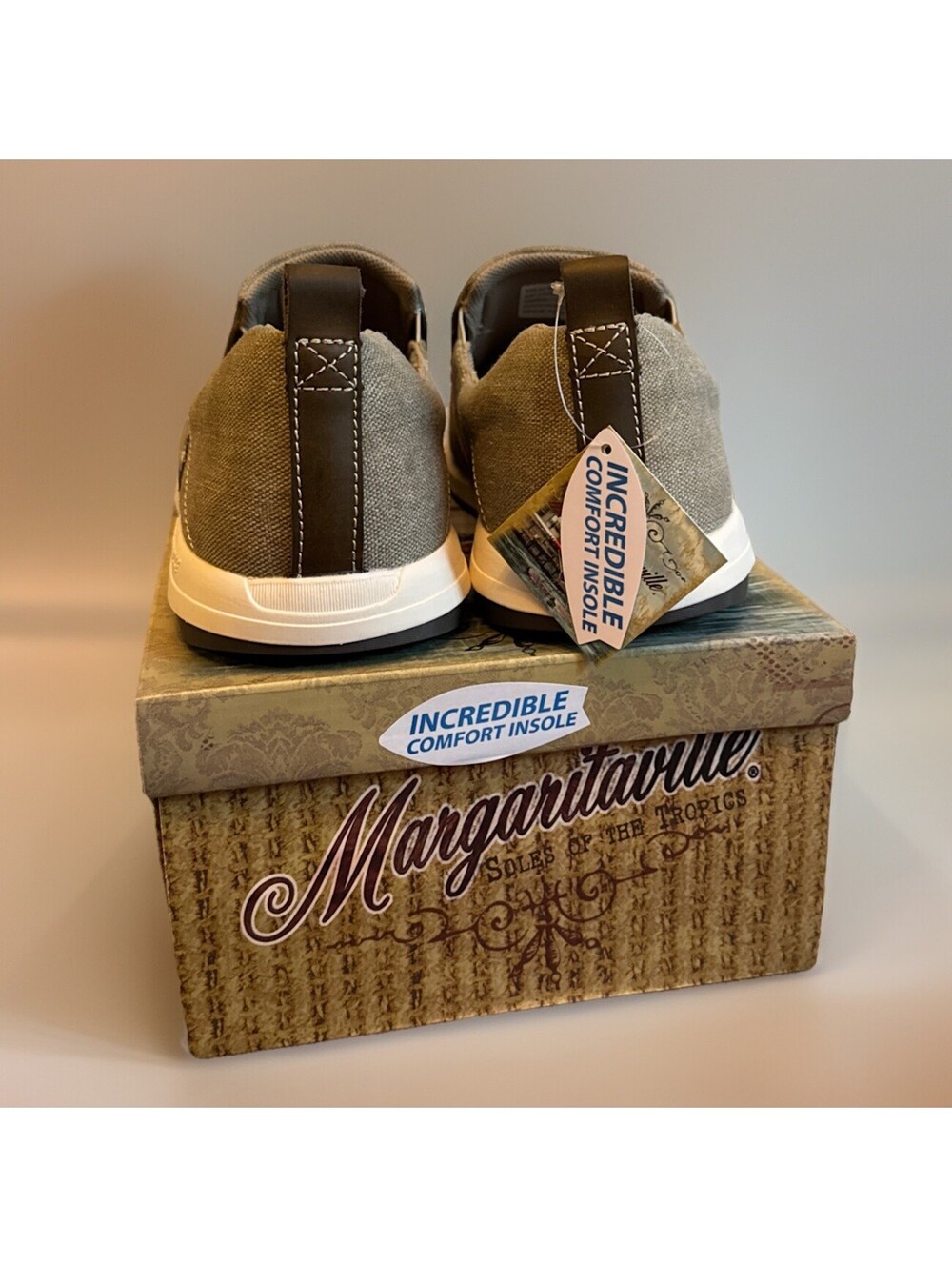 New In Box Margaritaville Marina Canvas Khaki Slip On Men’s Shoes Size 11.5 - Picture 5 of 5